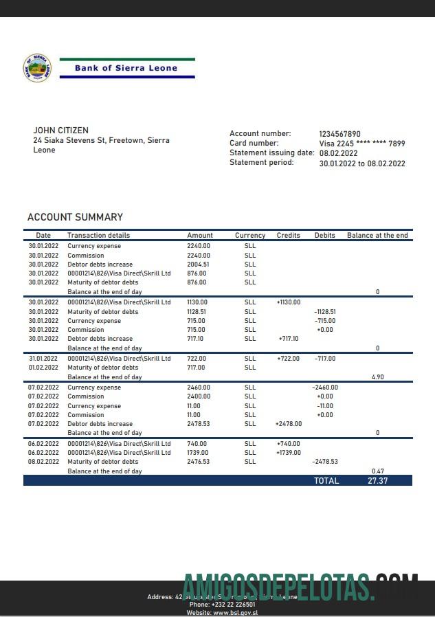 Exemplo de extrato bancário do Banco de Serra Leoa de Serra Leoa